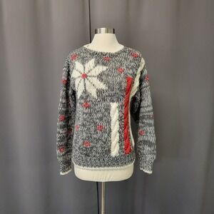 Vintage 80s Evian II Sweater Grey Snowflake Cable Knit Hand Knitted Pullover M